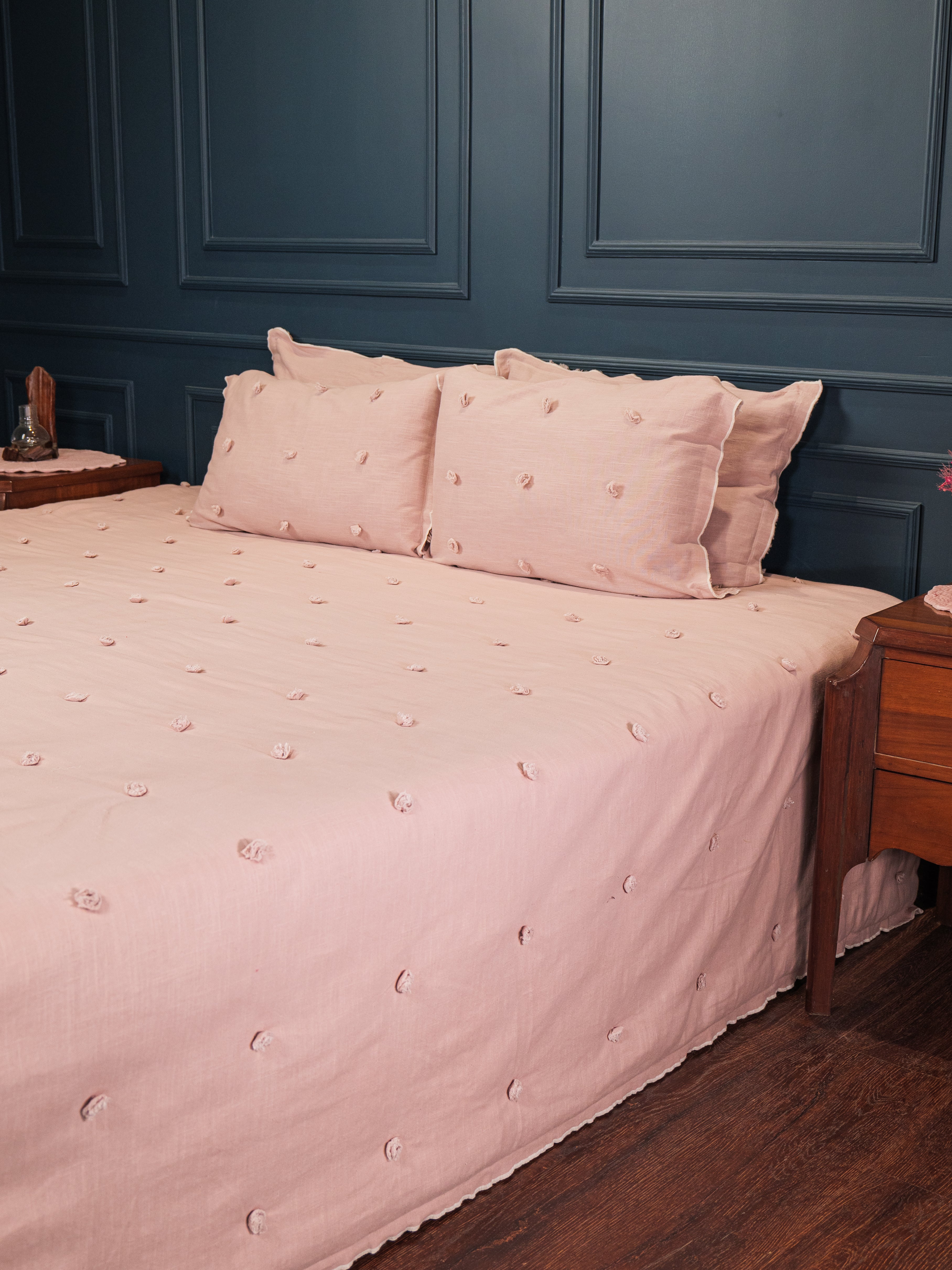 Rosey Applique King Size Bed Spread 100% Linen Cotton Pink